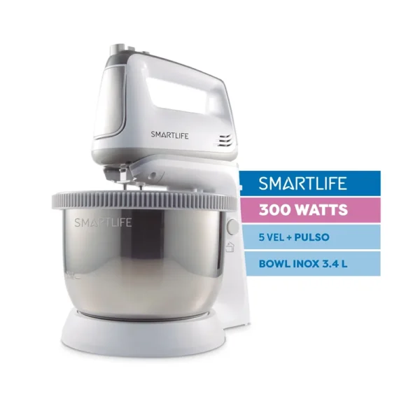 BATIDORA SMARTLIFE C/BOWL INOX SL-HM5035IX 300w 5 VEL+TURBO AMASADORES