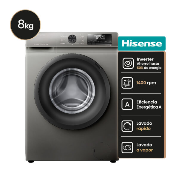 LAVARROPA HISENSE WFQP8014T INVERTER 8kg 1400rpm INOX FRONTAL 59.5x85x54cm