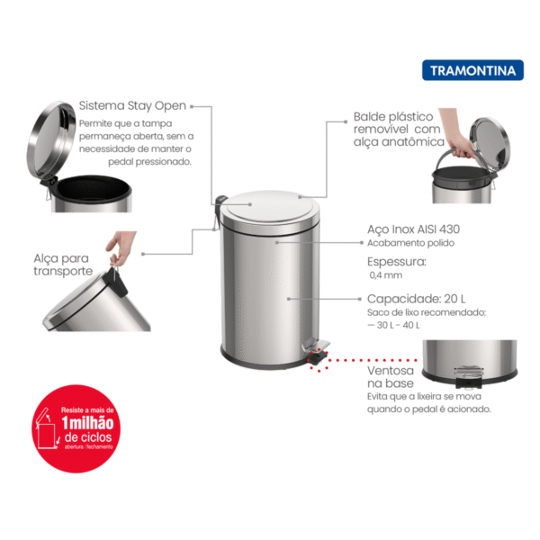 CESTO TRAMONTINA A INOX C/PEDAL 20 LITROS 94538/120 - Imagen 4