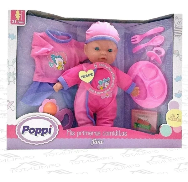 BEBE POPPI JIME MIS PRIMERAS COMIDITAS 6 SONIDOS 31cm+3 años 5358-16013