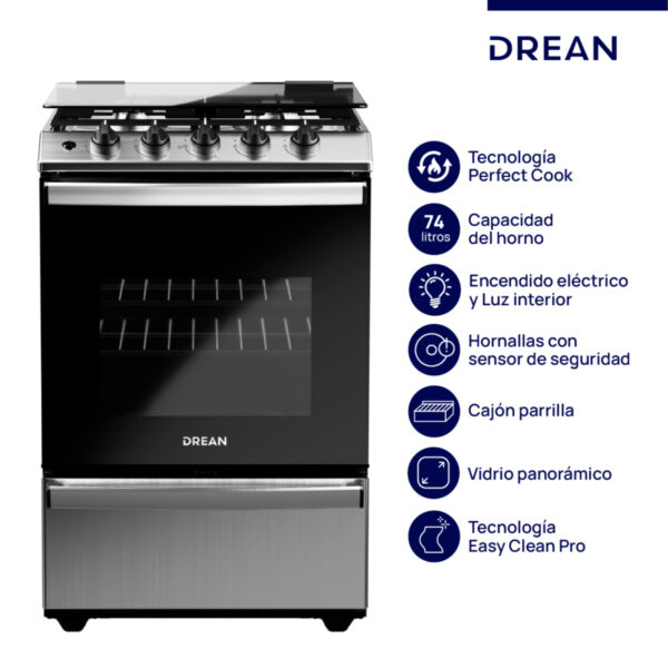 COCINA DREAN CD5614AI0 56cm INOX MULTIGAS ENC/LUZ C/TAPA LINEA PREMIUM EDITION