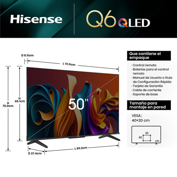 LED HISENSE 50" 50Q6N QLED UHD 4K Google Tv 111,9 70,0 27,4cm - Imagen 6