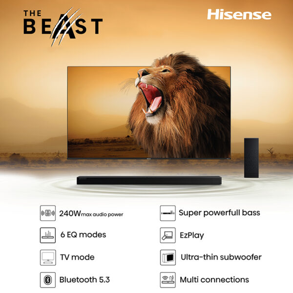 SOUNDBAR HISENSE A6 2.1ch 240w Dolby Digital Plus BT 5.3 800mm x 60mm x 90mm - Imagen 2