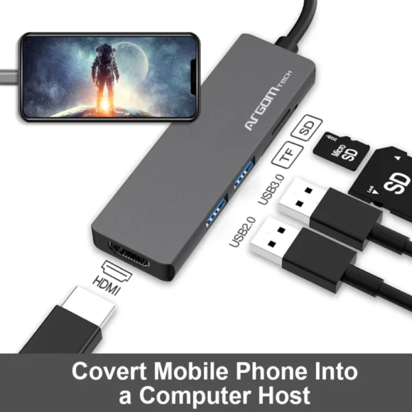 ADAPTADOR HUB ARGOMTECH 5en1 USB C Usb3.0/usb2.0/hdmi-4k/usbc Gris ARG-UB-0185 - Imagen 3