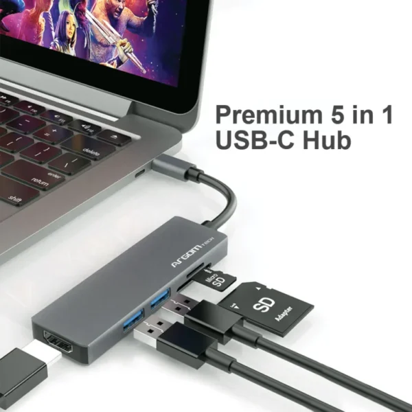 ADAPTADOR HUB ARGOMTECH 5en1 USB C Usb3.0/usb2.0/hdmi-4k/usbc Gris ARG-UB-0185 - Imagen 2